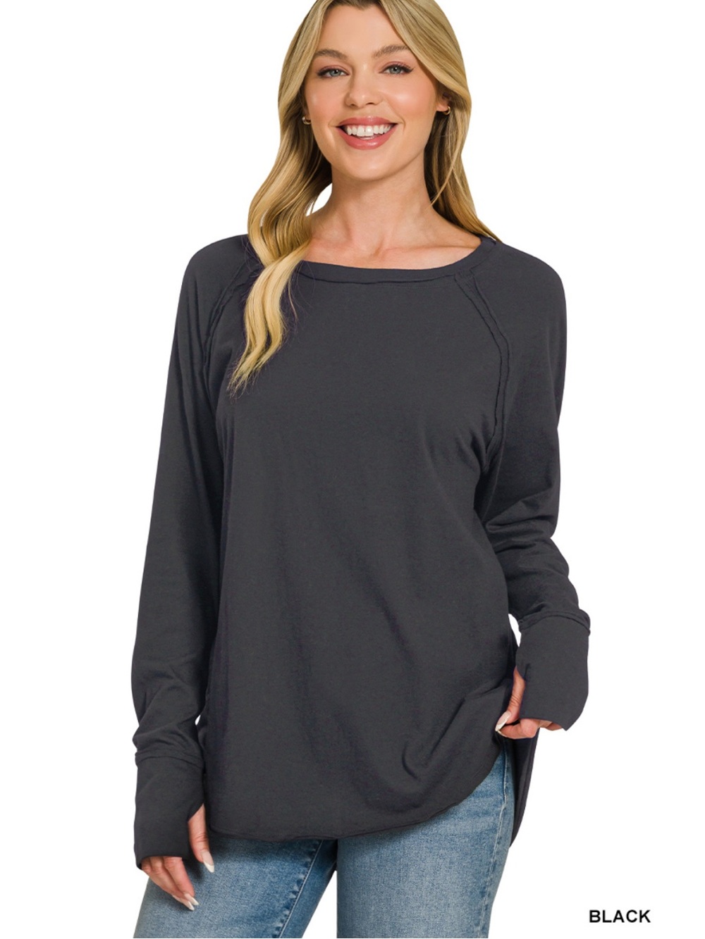 Zenana Black  Cotton Long Sleeve with Thumbhole Top